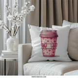 Pink Coffee Cup Pillow, Hearts and Bows Throw Pillow, Cute Kawaii Pillow, Decorative Home Decor, Valentine's Day Gift - Tawshia