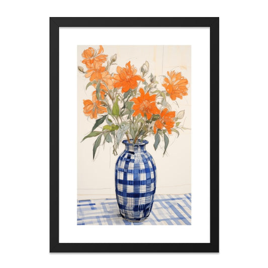 Orange Flowers Wall Art, Floral Still Life Print, Vase and Tablecloth Decor, Kitchen Wall Decor, Botanical Art Print - Tawshia