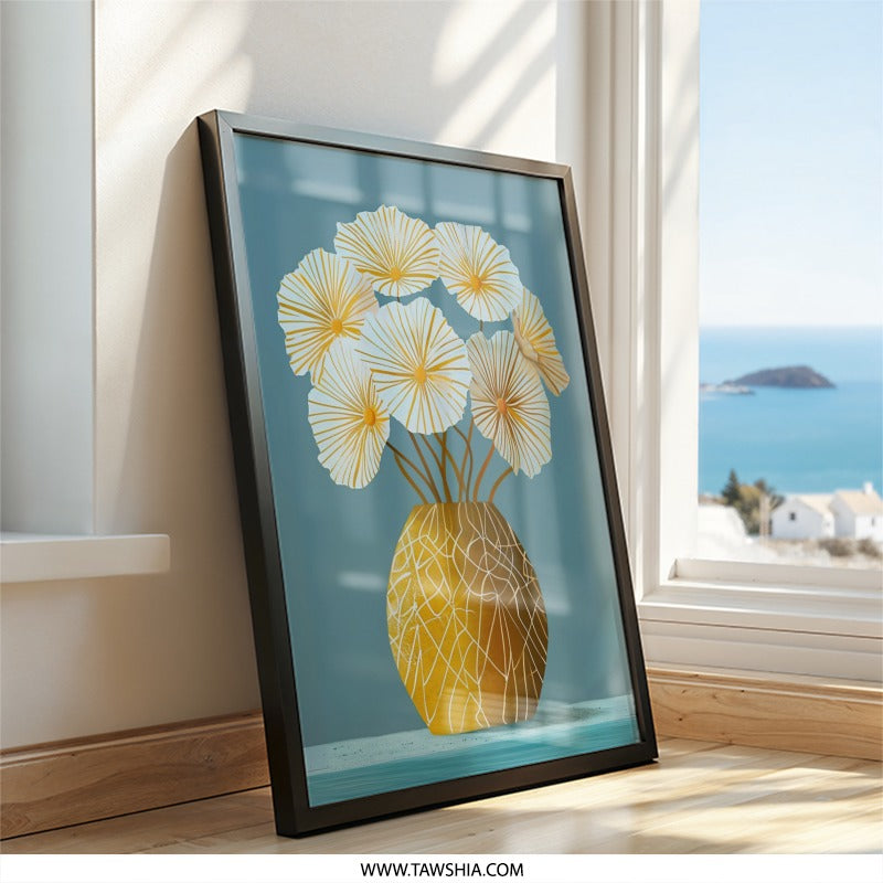 Floral Wall Art, Yellow Vase, White Petals, Minimalist Wall Decor, Modern Art Print, Botanical Illustration, Flower Artwork, Home Decor - Tawshia