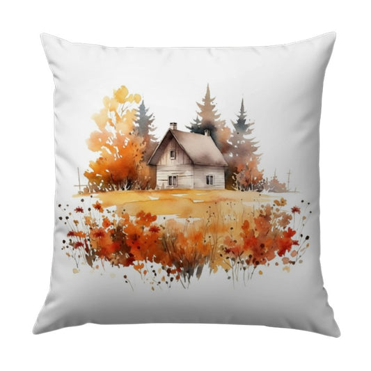 Watercolor Cabin Pillow, Autumn Landscape Throw Pillow, Rustic Home Decor Pillow, Country House Accent Pillow, Fall Foliage Cushion - Tawshia