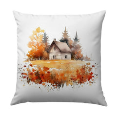 Watercolor Cabin Pillow, Autumn Landscape Throw Pillow, Rustic Home Decor Pillow, Country House Accent Pillow, Fall Foliage Cushion - Tawshia