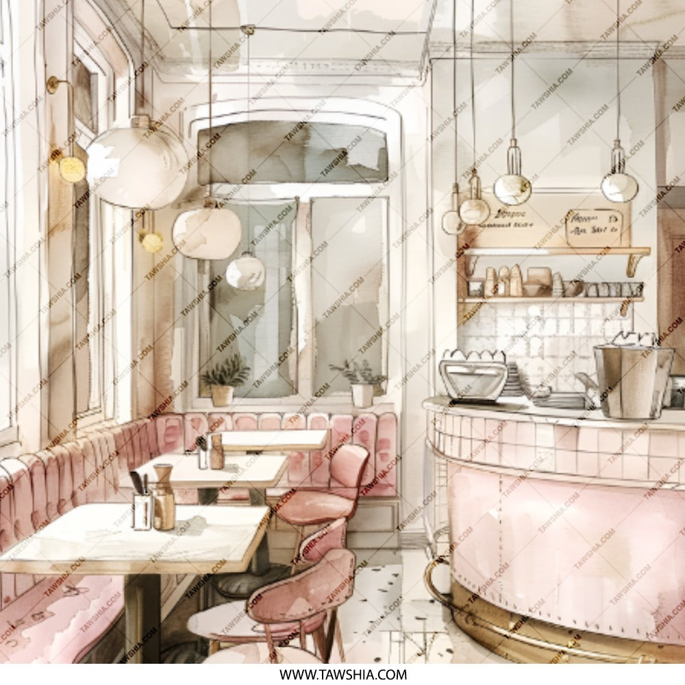 Cafe Scene Pinback, Watercolor Restaurant Pin, Aesthetic Cafe Decor Pinback, Trendy Foodie Pin, Stylish Pinbacks - Tawshia