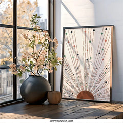 Boho Sun Wall Art, Abstract Sunrise Print, Mid Century Modern Art, Dots and Lines Decor, Geometric Wall Hanging, Minimalist Home Decor - Tawshia