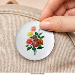 Dahlia Flower Pinback Button, Floral Bouquet Badge, Botanical Art Pin, Colorful Flower Illustration, Garden Lover Gift - Tawshia