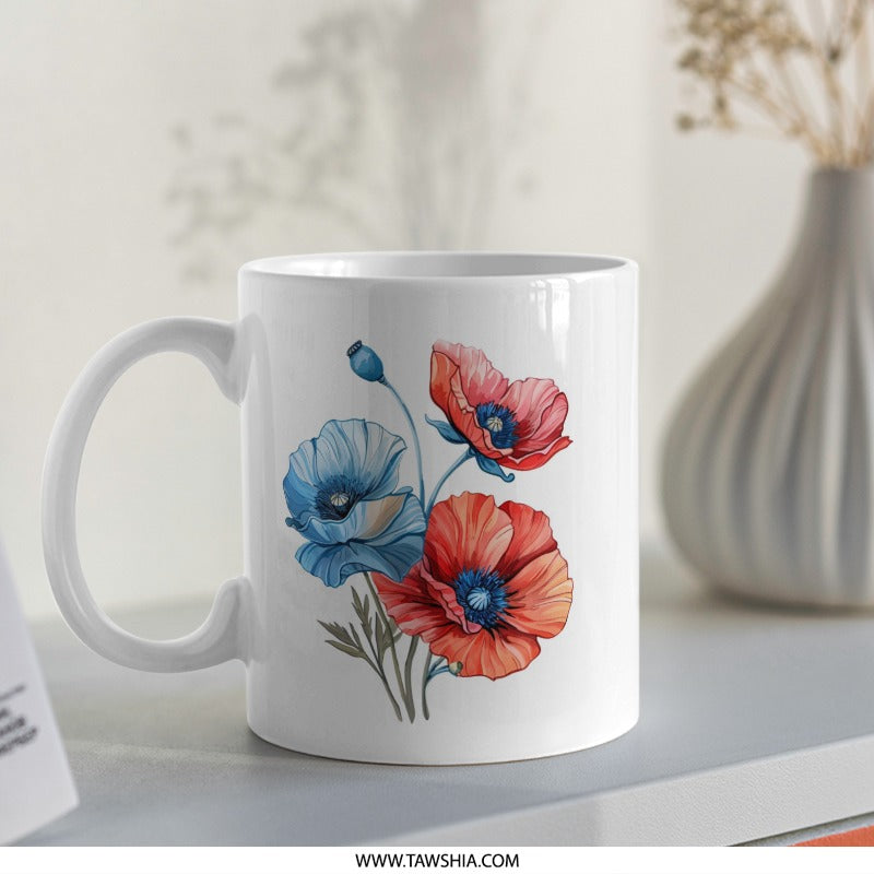 Watercolor Poppy Mug, Floral Coffee Mug, Poppy Flower Mug, Botanical Art Mug, Gift for Plant Lover, Colorful Mug, Summer Mug - Tawshia