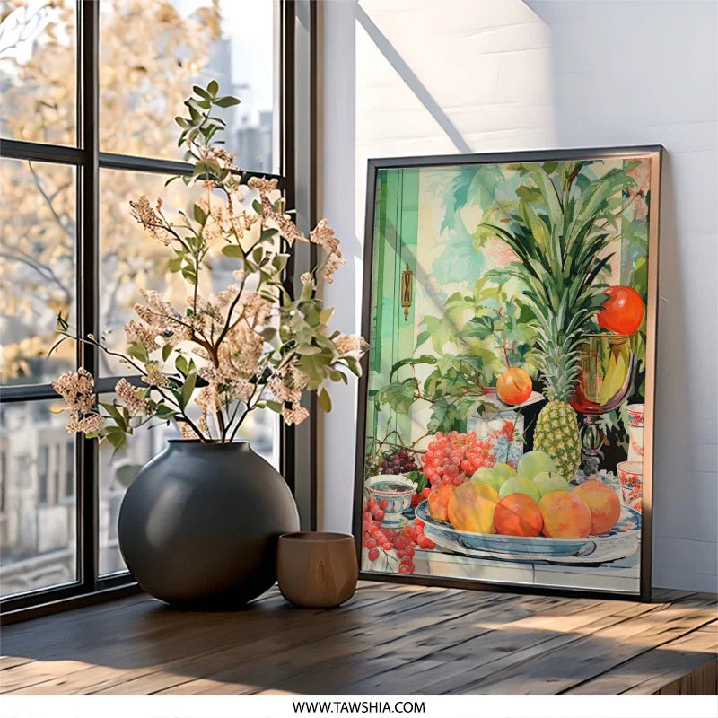 Fruit Still Life Wall Art, Tropical Fruit Art Print, Kitchen Decor, Vibrant Fruit Painting, Pineapple Art, Colorful Food Art - Tawshia