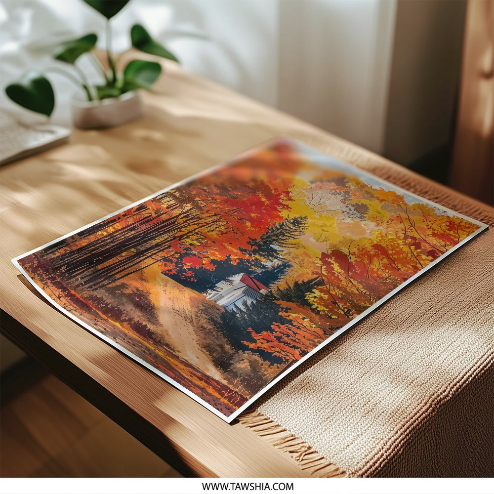Autumn Home Photographic Print, Fall Foliage Art, Autumn Landscape Print, Cabin in Woods Decor, Seasonal Wall Art - Tawshia