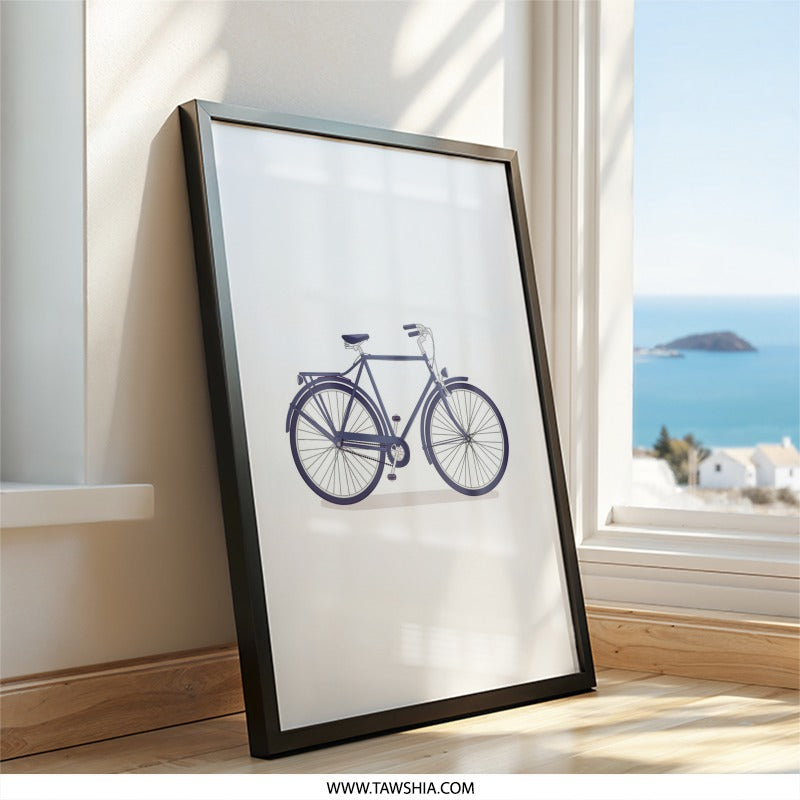 Blue Bicycle Wall Art, Minimalist Bike Print, Cycling Art Decor, Transportation Artwork, Urban Style Home Decor - Tawshia
