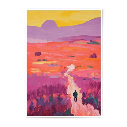 Landscape Photographic Print, Pink Field Art, Sunset Sky Painting, Man Walking Art, Dreamy Artwork, Colorful Home Decor - Tawshia
