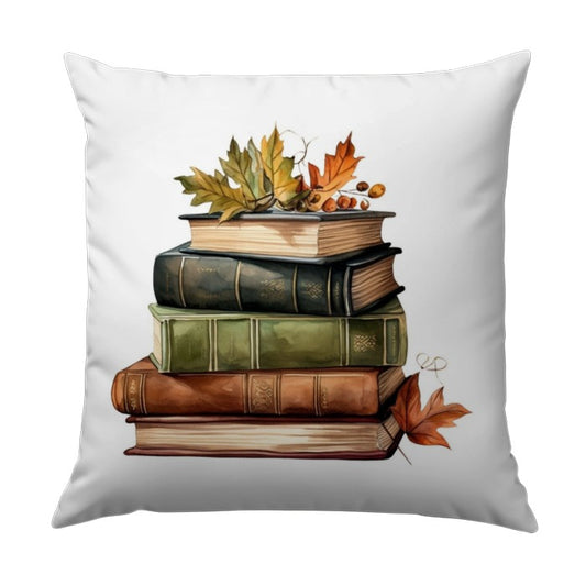 Stacked Books Pillow, Autumn Leaves Pillow, Fall Decor Pillow, Reading Nook Decor, Cozy Autumn Pillow, Literary Gift Idea - Tawshia