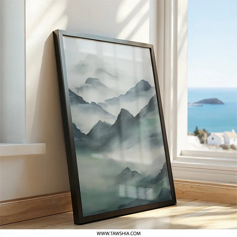 Misty Mountains Wall Art, Landscape Painting Print, Serene Mountain Range, Modern Home Decor, Nature Inspired Artwork - Tawshia
