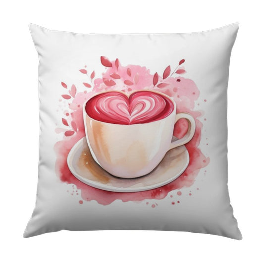 Heart Latte Pillow, Coffee Lover Gift, Valentine Decor, Watercolor Art, Pink Coffee Cup, Cozy Home Accent, Cute Pillow, Coffee Art - Tawshia