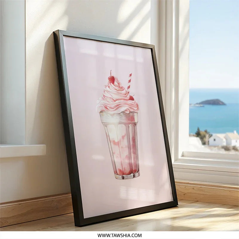 Strawberry Milkshake Wall Art, Dessert Illustration Print, Pink Aesthetic Food Poster, Sweet Treat Decor, Kitchen Art, Whimsical Wall Decor - Tawshia
