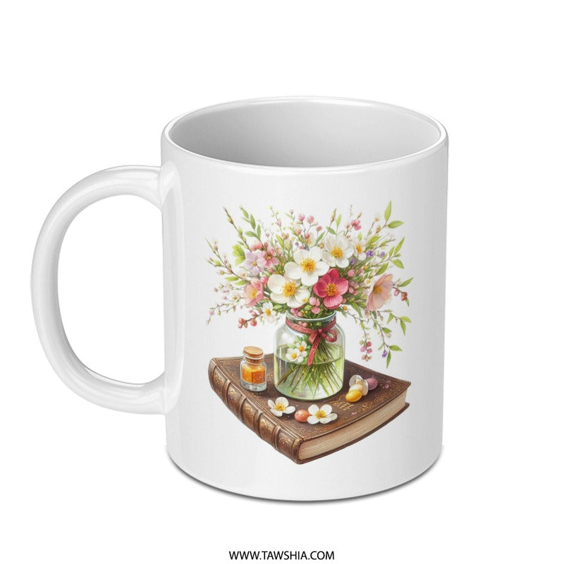 Floral Bouquet Mug, Book Lover Gift, Vintage Style Coffee Cup, Unique Tea Mug, Flower Arrangement Mug, Botanical Mug, Artistic Mug - Tawshia