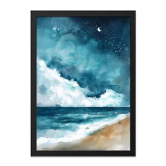 Coastal Night Wall Art, Beach Painting Print, Starry Sky Decor, Ocean Waves Artwork, Moon Wall Decor, Seascape Art Print - Tawshia