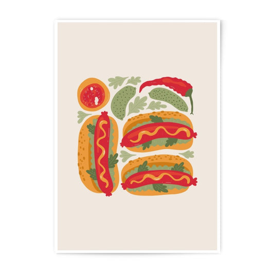 Hot Dog Photographic Print, Food Art Print, Kitchen Wall Decor, Cute Food Illustration, Culinary Art, Hotdog Poster, Unique Wall Art - Tawshia