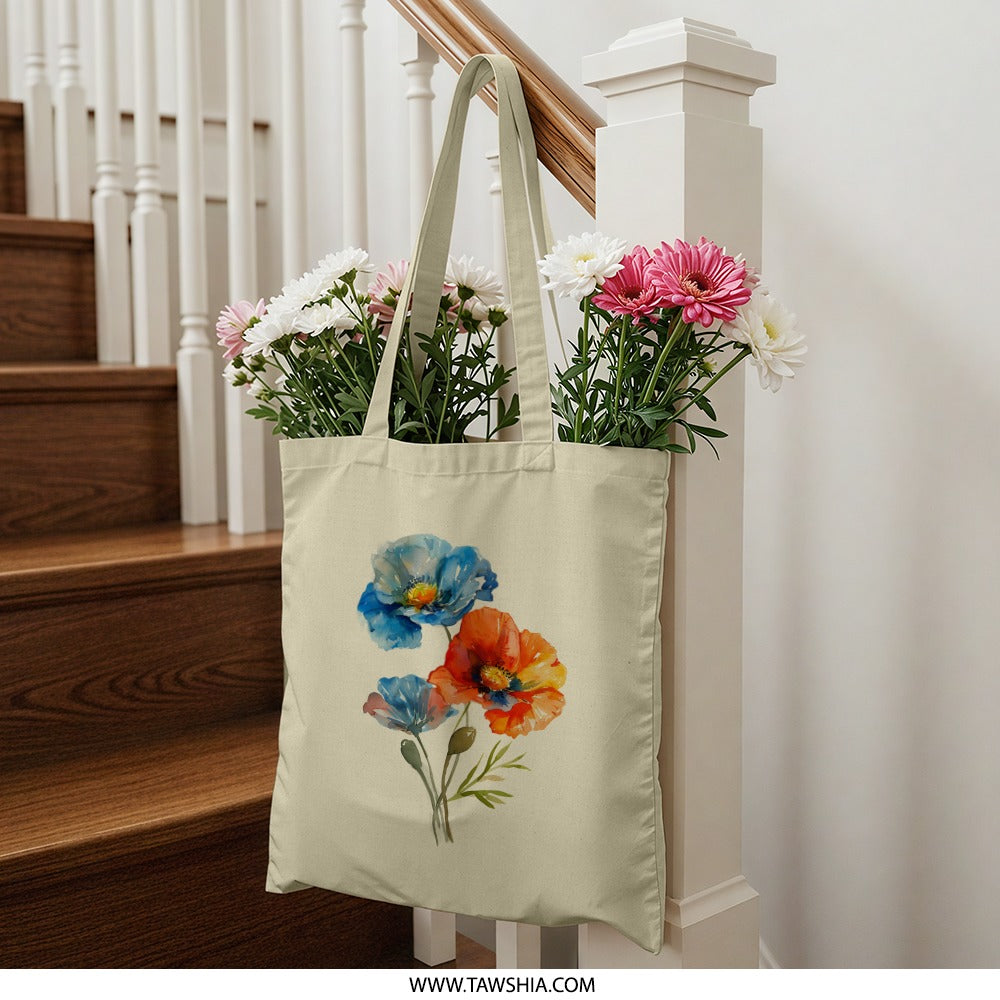 Poppy Flowers Tote Bag, Floral Print Bag, Nature Lover Gift, Watercolor Tote Bag, Stylish Everyday Bag, Versatile Shopping Bag - Tawshia