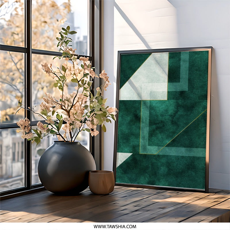 Emerald Geometric Wall Art, Modern Abstract Print, Minimalist Home Decor, Sophisticated Wall Hanging, Contemporary Artwork - Tawshia