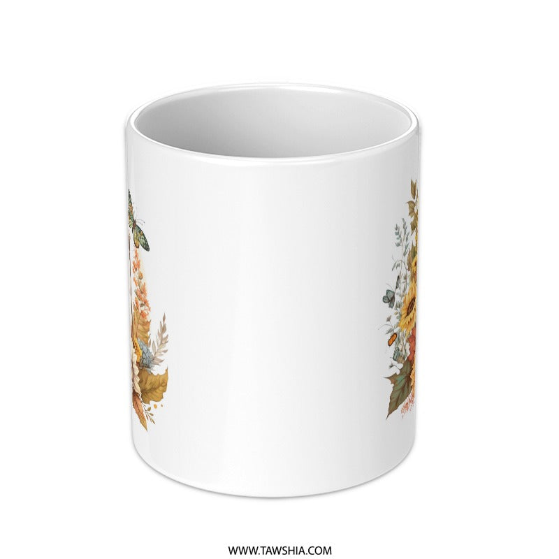 Lantern Sunflower Mug, Floral Mug, Butterfly Decor Mug, Autumn Flower Coffee Mug, Fall Theme Tea Cup, Nature Lover Gift, Gift for Her - Tawshia