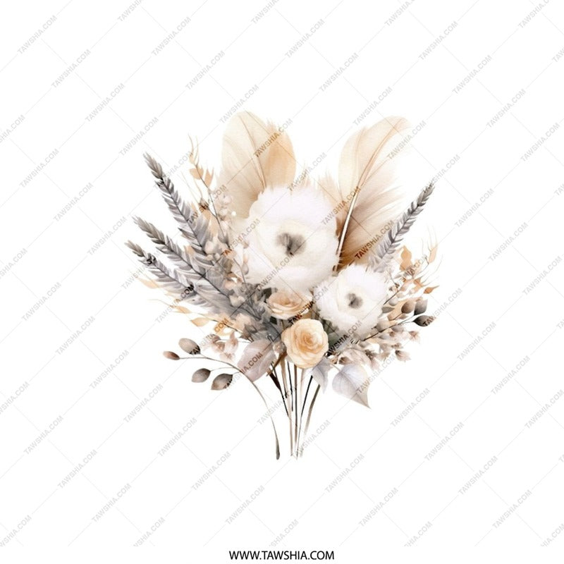 Boho Floral Pillow, Neutral Flowers, Elegant Feather Design, Throw Pillow, Decorative Pillow, Accent Pillow, Housewarming Gift - Tawshia