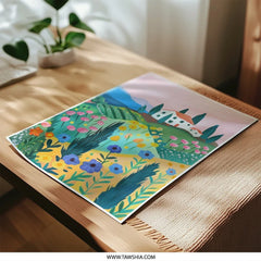 Tuscan Landscape Photographic Print, Italian Countryside Art Print, Floral Hillside, House and Cypress Trees, Summer Field Photograph - Tawshia