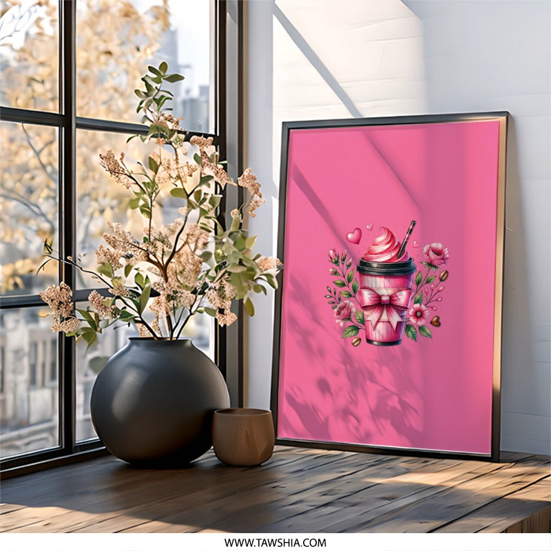Pink Coffee Wall Art, Coffee Cup Decor, Floral Coffee Print, Coffee Lover Gift, Feminine Wall Decor, Modern Wall Art, Home Decor - Tawshia