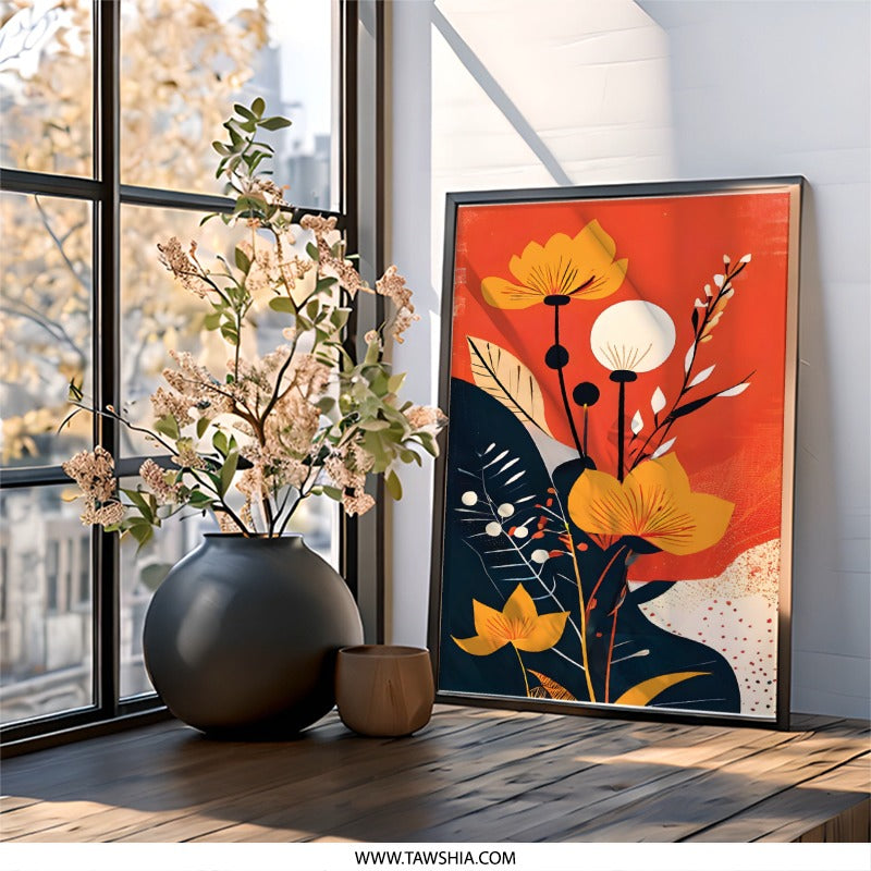 Abstract Floral Wall Art, Orange and Yellow Flowers Print, Botanical Home Decor, Modern Art Print, Unique Wall Decor, Trendy Art - Tawshia