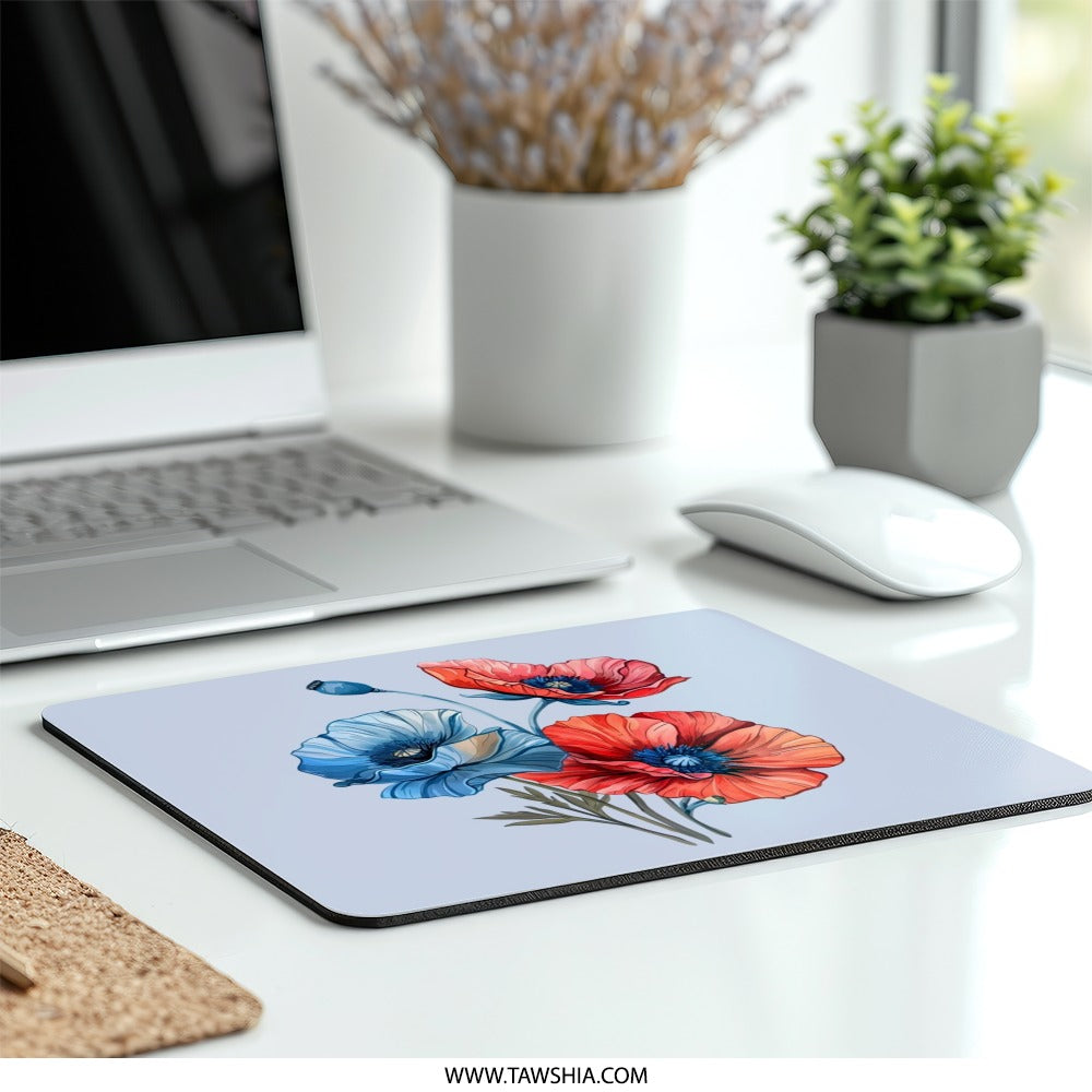 Floral Mouse Pad, Poppy Flower Art, Red and Blue Flowers Mousepad, Office Decor, Desk Accessories, Flower Lover Gift, Botanical Mouse Mat - Tawshia