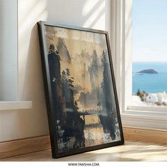 Asian Landscape Wall Art, Bridge Over Water Print, Mountain Scene, Scenic Vista Wall Decor, Serene Asian Art - Tawshia