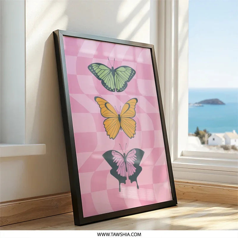 Butterfly Wall Art Print, Pink Checkered Background, Colorful Butterflies, Trendy Wall Decor, Butterfly Illustration - Tawshia