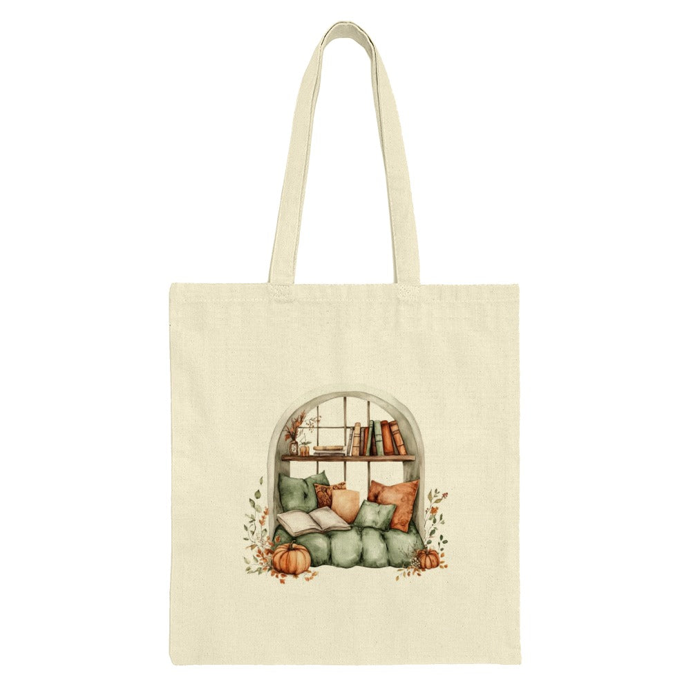 Cozy Reading Nook Tote Bag, Window Seat Design, Fall Decor Book Lover Gift, Literary Tote, Autumn Pumpkins, Watercolor Illustration Art - Tawshia