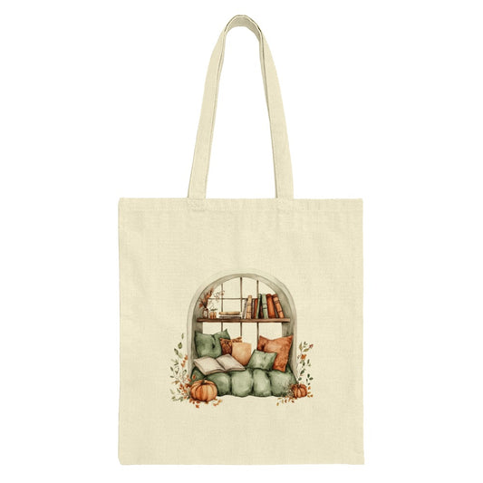 Cozy Reading Nook Tote Bag, Window Seat Design, Fall Decor Book Lover Gift, Literary Tote, Autumn Pumpkins, Watercolor Illustration Art - Tawshia