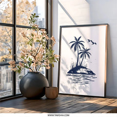 Tropical Island Wall Art, Palm Tree Print, Coastal Decor, Beach House Art, Navy Blue Island Scene, Ocean View Wall Decor, Vacation Vibes - Tawshia