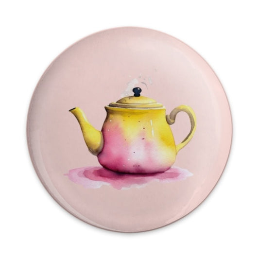 Watercolor Teapot Pinback Button, Pink and Yellow Tea Party Badge, Cute Kitchen Decor Accessory, Unique Gift Idea, Stylish Button Pins - Tawshia