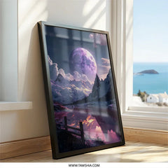 Purple Moon Mountain Lake Wall Art, Fantasy Landscape Print, Dreamy Home Decor, Celestial Artwork, Unique Gift Idea - Tawshia