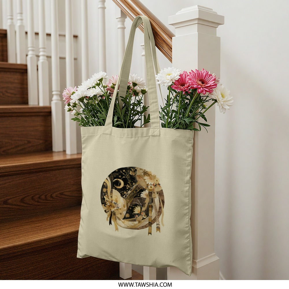 Yin Yang Moon Tote Bag, Floral Tote Bag, Celestial Bag, Aesthetic Tote Bag, Unique Design Bag, Stylish Shoulder Bag - Tawshia