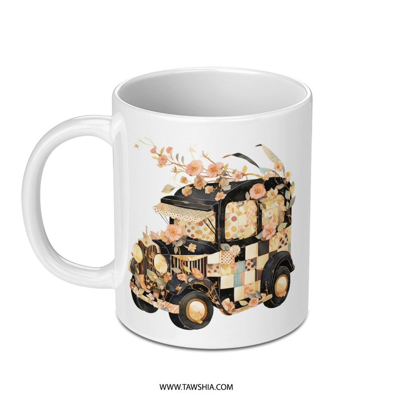 Floral Vintage Car Mug, Antique Vehicle Coffee Cup, Retro Automobile Gift, Unique Design Mug - Tawshia