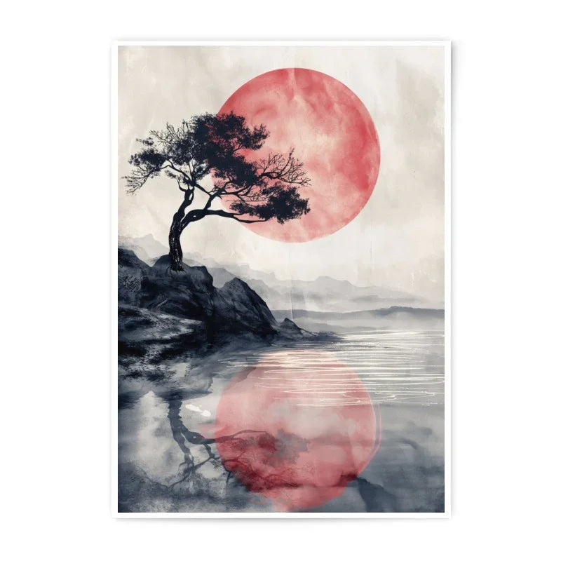 Japanese Landscape Photographic Print, Red Sun, Tree Art, Zen Wall Decor, Asian Art Print, Minimalist Photography, Nature Inspired Print - Tawshia