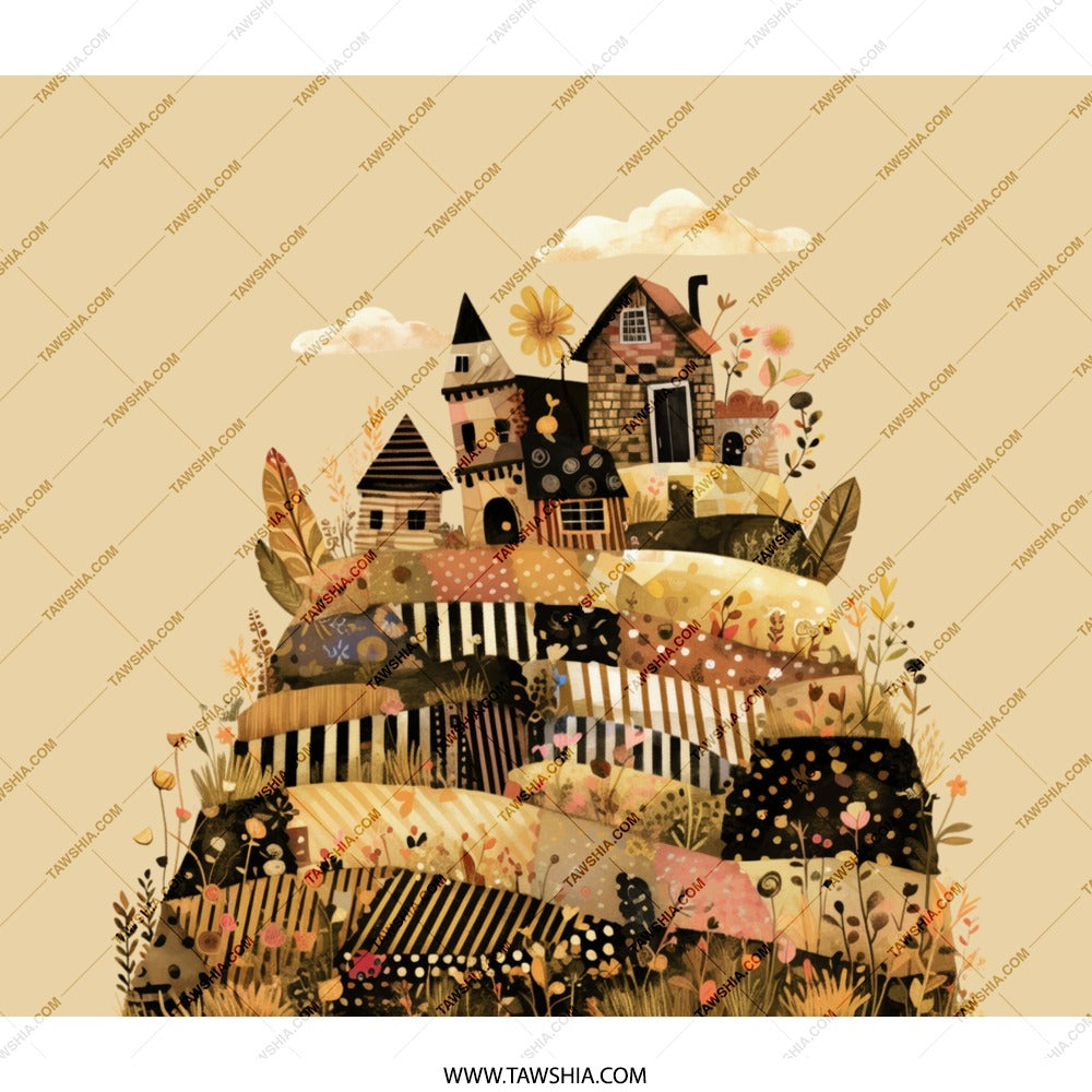 Quilted Village Hill BackPack, Whimsical Houses, Floral Landscape, Unique Gift, Artistic Design, Carry All BackPack, Stylish BackPack - Tawshia