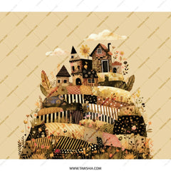 Quilted Village Hill BackPack, Whimsical Houses, Floral Landscape, Unique Gift, Artistic Design, Carry All BackPack, Stylish BackPack - Tawshia