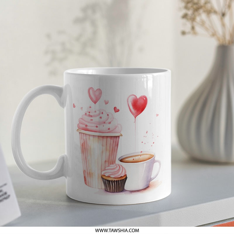 Cupcake Heart Mug, Coffee Cup Mug, Watercolor Mug, Valentine Mug, Pink Mug, Gift Mug, Cute Mug, Foodie Mug (130 characters) - Tawshia