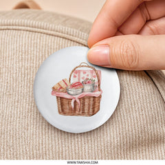 Picnic Basket Pinback Button, Vintage Style, Heart Accents, Food Illustration, Cute Button, Aesthetic Accessory, Valentine Gift - Tawshia
