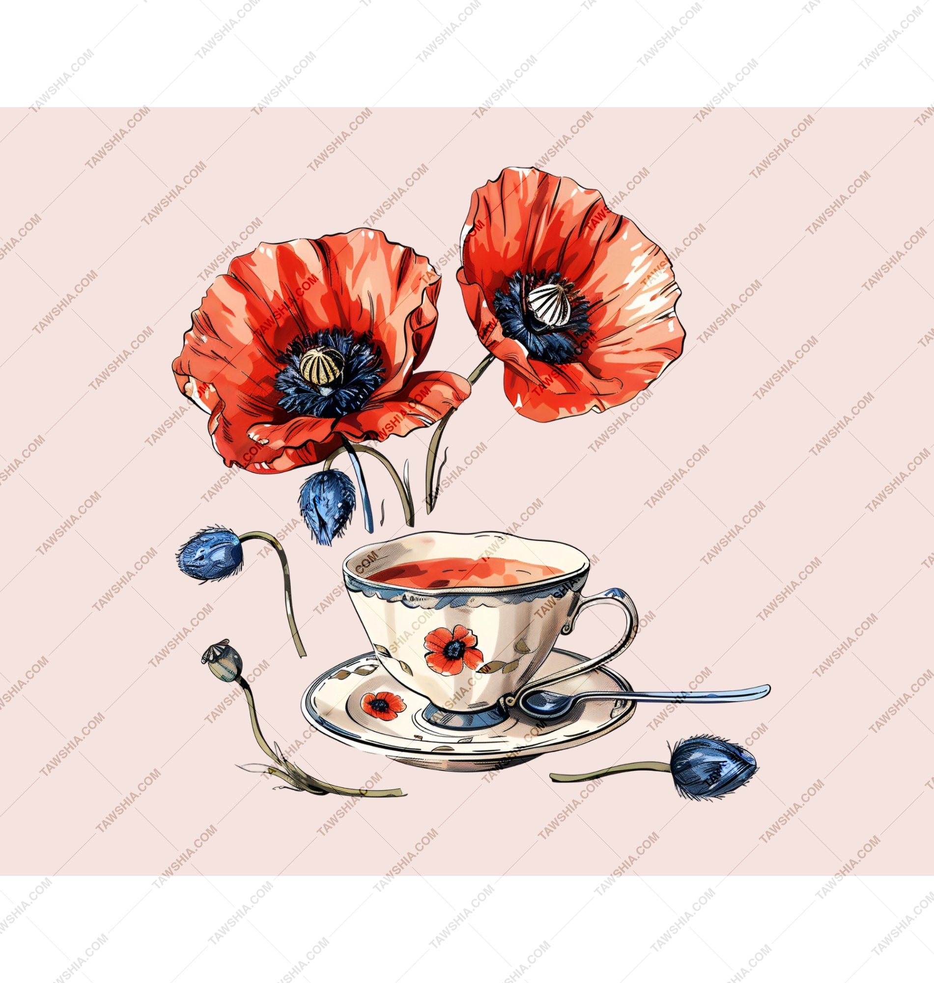 Vintage Floral Tea Cup with Poppies Decor Product Type