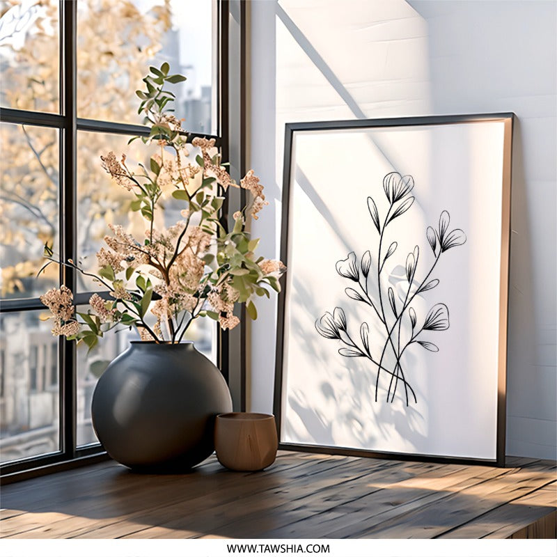 Floral Wall Art, Minimalist Flower Print, Line Art Drawing, Botanical Illustration, Modern Home Decor - Tawshia