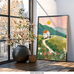 Country Home Wall Art, Mountain View Print, Floral Landscape Decor, Farmhouse Wall Decor, House Painting Artwork - Tawshia