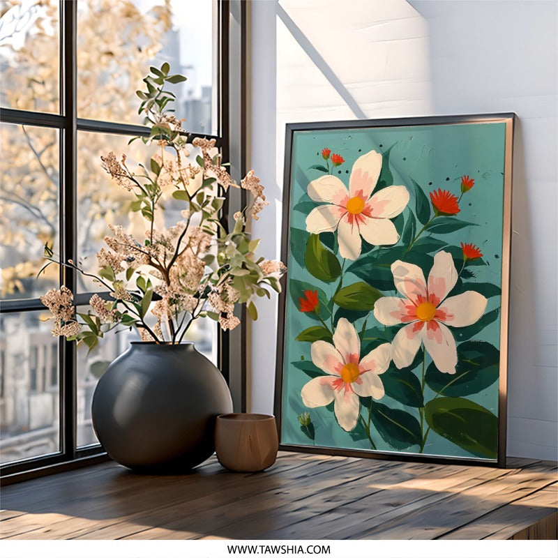 Floral Wall Art, Flower Painting Print, Botanical Wall Decor, Modern Art Print, White Petals, Red Flower Buds, Trendy Wall Art - Tawshia