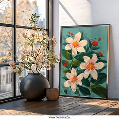 Floral Wall Art, Flower Painting Print, Botanical Wall Decor, Modern Art Print, White Petals, Red Flower Buds, Trendy Wall Art - Tawshia