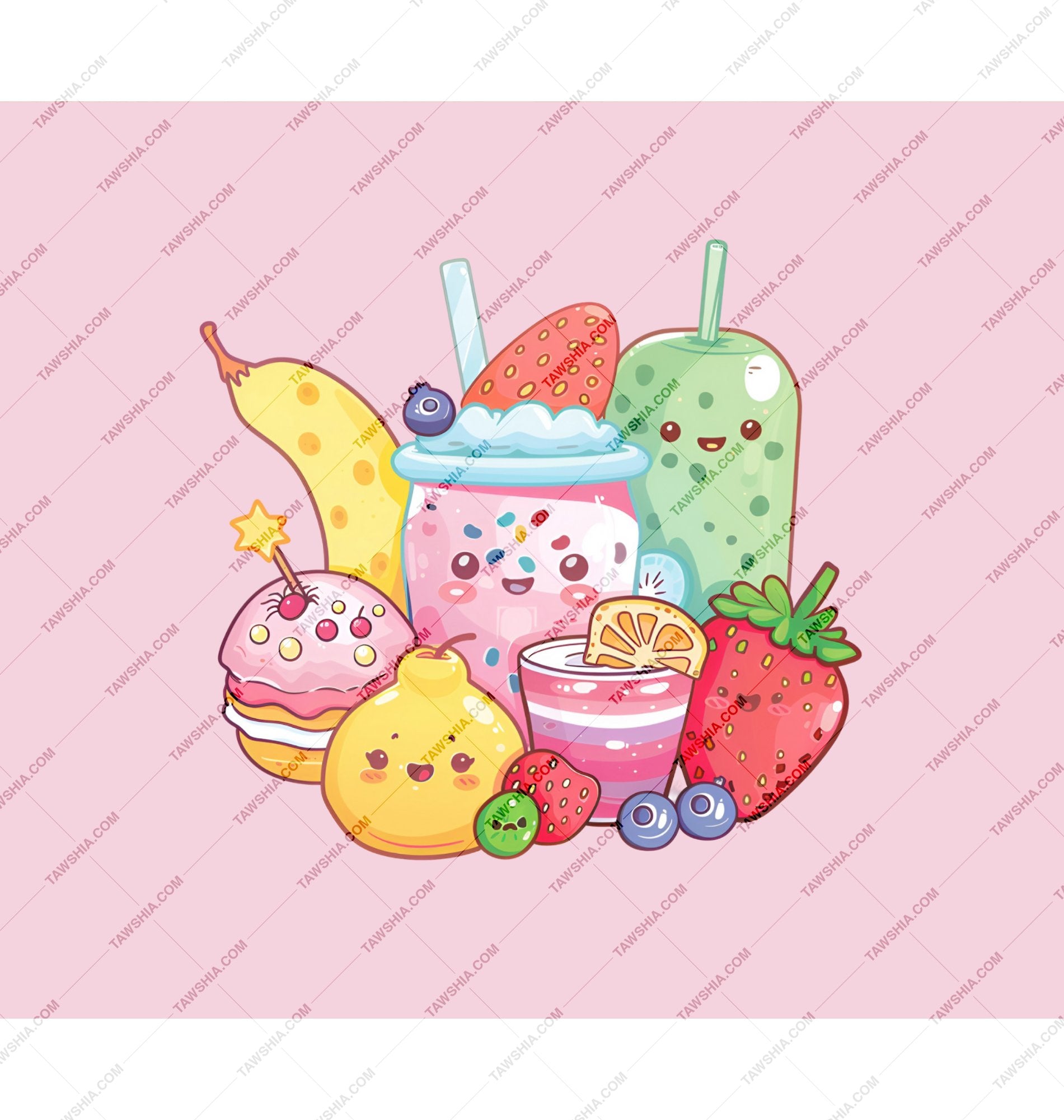 Cute Kawaii Fruit Snacks and Drinks Cartoon product