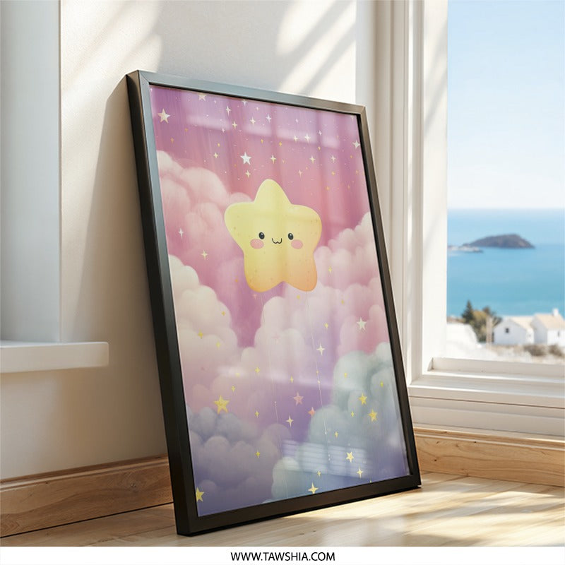 Cute Star Wall Art, Nursery Decor, Kids Room Art, Baby Shower Gift, Dreamy Clouds, Celestial Art, Kawaii Decor - Tawshia