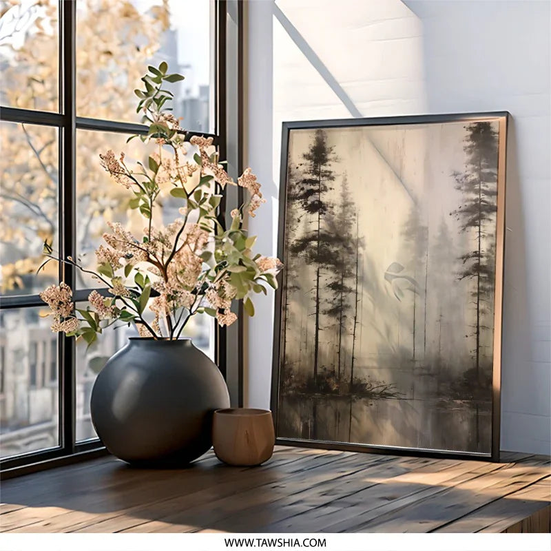 Misty Forest Wall Art, Landscape Painting Print, Pine Tree Art, Nature Home Decor, Serene Wall Hanging - Tawshia